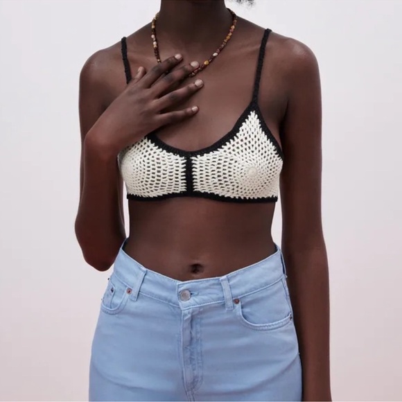 Zara Crocheted Bohemian Boho Bralette black and Ivory Size Large Nwt - Picture 7 of 15